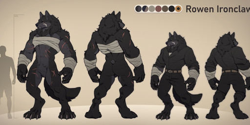 anthro bandage black_body black_fur clothing fangs fur male scar scars_all_over solo teeth rosemary02 canid canine canis mammal wolf hi_res model_sheet