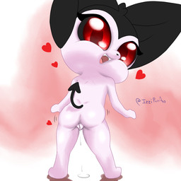 animal_genitalia animal_vulva anthro black_body black_fur black_sclera butt canine_genitalia canine_vulva dripping dripping_vulva female fur genitals heart_symbol looking_at_viewer looking_back mismatched_genitalia nude raised_tail rear_view red_eyes solo spade_tail tail vulva white_body young young_anthro young_female izzipurrito izzi_(izzipurrito) felid feline mammal 1:1 absurd_res hi_res