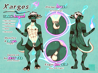 3_toes abs anthro anus backsack balls black_sclera butt casual_chastity chastity_cage chastity_cage_only chastity_device chastity_device_only claws collar collar_only digitigrade ear_piercing facial_piercing feet flesh_tunnel gauged_ear genital_piercing genitals glowing glowing_eyes glowing_markings green_body hair horn lip_piercing magic magic_user male markings muscular muscular_anthro muscular_male muscular_sub nipple_piercing nipples nose_piercing nose_ring nude perineum permanent_chastity_device piercing ring_piercing septum_piercing slave solo striped_body striped_horn stripes submissive submissive_male tail text toe_claws toes twunk wearing_chastity_cage wearing_chastity_device white_balls white_perineum areye_(artist) mythology xargos dragon mythological_creature mythological_scalie scalie english_text hi_res model_sheet