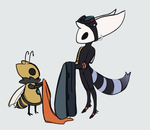 alternate_species anthro cloak clothing cybernetic_arm cybernetic_limb duo ear_piercing ear_ring eyewear eyewear_on_head female goggles goggles_on_head holding_clothing holding_object markings piercing ring_(marking) ring_piercing ringed_tail scarf standing striped_markings striped_tail stripes tail tail_markings time_fluffy500 hollow_knight_(franchise) ratchet_and_clank sony_corporation sony_interactive_entertainment team_cherry kit_(ratchet_and_clank) rivet_(ratchet_and_clank) arthropod bee hymenopteran insect lombax mammal 2025