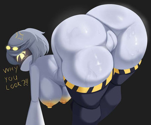 angry anthro big_breasts big_butt breasts butt female genitals looking_at_viewer looking_back machine nude plump_labia pose robotic solo solo_focus solo_in_panel speech_bubble text thick_thighs vulva wide_hips alaki_zezo glitch_productions murder_drones v_(murder_drones) robot pinup