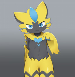 anthro black_body blue_body blue_eyes blue_fur blue_nose claws fur iris multicolored_body multicolored_fur navel pupils white_claws yellow_arms yellow_body yellow_ears yellow_fur sum nintendo pokemon felid generation_7_pokemon legendary_pokemon mammal pokemon_(species) zeraora 2026 absurd_res hi_res