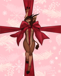 alternate_species anthro black_hooves black_horn black_nose bow_ribbon breasts brown_body brown_eyes brown_fur brown_hair curly_hair female fur furrification gift_wrapped hair hooves horn long_hair nude red_ribbon ribbons snout solo tail tail_tuft tuft chorny_vasiliok the_hunger_games lucy_gray_baird antelope bovid gazelle mammal 2026 4:5 digital_drawing_(artwork) digital_media_(artwork) hi_res shaded