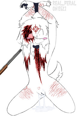 andromorph anthro arms_tied black_pawpads black_vulva blood blood_on_face bloodshot_eyes blush blush_lines blush_stickers bodily_fluids bound chest_tuft claws collar crosshair cum cum_in_vagina cum_inside cum_pooling cum_pouring_out cum_puddle floppy_ears fur genital_fluids genitals gore gun gun_play hair hands_tied intersex lazy_eye leaking_cum messy_hair pawpads ranged_weapon scar scared_eyes self-harm self-harm_scars shock_collar shocked short_tail shotgun solo tail tuft vaginal_fluids vulva weapon white_body white_fur white_hair real_feral preychan felid feline mammal distracting_watermark hi_res sketch watermark