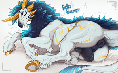 anus balls bedroom_eyes black_sclera blue_body blue_fur blue_tail butt feral fur genitals hooves horn looking_at_viewer male narrowed_eyes puffy_anus rear_view seductive simple_background smile solo tail teeth yellow_eyes inno-sjoa mythology dragon kirin mythological_creature mythological_scalie scalie 2025 digital_drawing_(artwork) digital_media_(artwork) hi_res