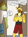 anthro bottomwear boxers_(clothing) clothed clothing dialogue duo fully_clothed holding_clothing holding_object holding_underwear male shirt shorts t-shirt tank_top text topwear underwear fuze fuzeyeen gabriel_(fuze) alligator alligatorid crocodilian hyena mammal reptile scalie spotted_hyena 3:4 english_text hi_res