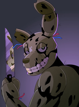 ambiguous_gender anthro gradient_background grin holding_knife holding_object knife looking_at_viewer machine narrowed_eyes notched_ear simple_background smile solo tan_body wire swampjaws five_nights_at_freddy's five_nights_at_freddy's_3 scottgames springtrap_(fnaf) animatronic robot absurd_res hi_res