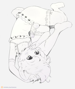 5_fingers anthro armwear balls blush blush_lines bra cheek_tuft closed_smile clothing erection eyelashes facial_tuft femboy fingers foreskin frilly frilly_clothing genitals hair humanoid_genitalia humanoid_penis legwear lying male mouth_closed panties patreon_logo penis scut_tail short_tail simple_background smile solo tail text tuft underwear white_background powfooo patreon mammal monochrome url