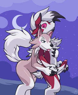 anthro anthrofied balls blush breasts chest_tuft claws cloud digitigrade duo erection female foreskin genitals glans humanoid_genitalia humanoid_penis male male/female moon naughty_face night nude penis pokemorph reach_around retracted_foreskin standing surprised tongue tongue_out tuft wide_eyed conditional_dnp grumpyvulpix nintendo pokemon canid canine generation_7_pokemon lycanroc mammal midday_lycanroc midnight_lycanroc pokemon_(species) 2016 aliasing digital_media_(artwork) hi_res signature