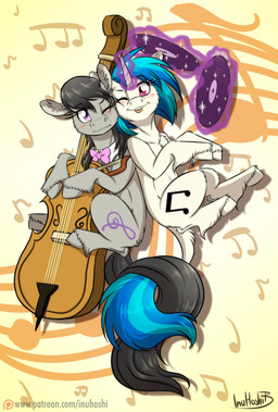 blush bowed_string_instrument cello duo female feral horn musical_instrument record string_instrument text inuhoshi-to-darkpen friendship_is_magic hasbro my_little_pony mythology octavia_(mlp) vinyl_scratch_(mlp) equid equine horse mammal mythological_creature mythological_equine pony unicorn 2017 hi_res url