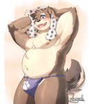 anthro asian_clothing bulge clothed clothing east_asian_clothing fundoshi japanese_clothing looking_at_viewer male nipples overweight overweight_male partially_clothed scar solo towel underwear wet kamyuelo lifewonders tokyo_afterschool_summoners moritaka_(tas) canid canine canis domestic_dog mammal