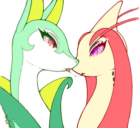 blush bodily_fluids duo eyelashes eyeshadow female female/female feral green_body kissing makeup open_mouth saliva serpentine simple_background string tongue tongue_out sharalythesheep nintendo pokemon generation_3_pokemon generation_5_pokemon milotic pokemon_(species) reptile scalie serperior snake digital_media_(artwork) hi_res