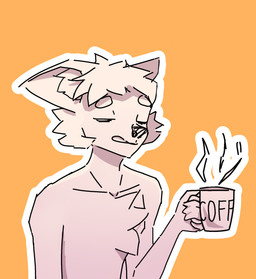 anthro beverage clothed clothing coffee coffee_mug gradient hair male messy_hair orange_background simple_background solo tired tired_eyes tired_of_this_shit topless yellow_background eekyloo canid mammal cel_shading hi_res shaded