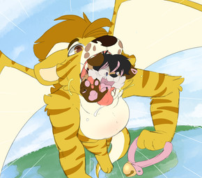 anthro bell belly big_belly bloated cloud duo flying forced fur hair head_in_mouth male male_pred male_prey membrane_(anatomy) membranous_wings open_mouth oral_head_gulp oral_vore outside panicking pawpads scared size_difference sky swallowing teeth tongue tongue_out vore wings backsash canid canine felid feline hybrid mammal 2019 absurd_res digital_media_(artwork) hi_res