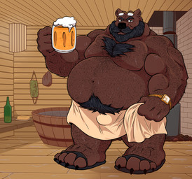 age_difference alcohol anthro beard beer belly beverage bodily_fluids body_hair bulge clock clothing eyewear facial_hair footwear glasses male mustache older_male overweight overweight_male sandals sauna shoes solo sweat towel towel_around_waist watch borderlinebeast norbert_becker bear brown_bear mammal ursine absurd_res hi_res