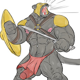 abs angry anthro armor balls biceps black_balls black_body bottomwear clothing erect_nipples erection fur genitals holding_object holding_weapon humanoid_genitalia humanoid_hands humanoid_penis ineffective_clothing ineffective_loincloth loincloth male manly muscular muscular_anthro muscular_male nipples obliques pecs penis quads roaring shield solo spread_legs spreading wardrobe_malfunction warrior weapon citrusification nameless_character felid feline mammal pantherine 1:1 hi_res