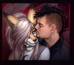 abstract_background anthro blush choker clothed clothing duo female female_on_human green_eyes human_on_anthro interspecies jewelry kissing kissing_cheek male male/female male_on_anthro mohawk necklace romantic romantic_couple drjdfh fay_(fennyfen_1) fenny_(fennyfen_1) canid canine fennec_fox fox human mammal true_fox absurd_res hi_res