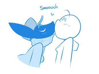 anthro blue_body blush breasts clothed clothing duo eyes_closed female hat headgear headwear heart_symbol hoodie kissing male male/female simple_background sweater topwear turtleneck white_background kilinah anon kali_(kilinah) canid canine fox mammal blue_and_white monochrome