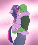 5_fingers abstract_background bald bestiality bestiality_kiss blue_mane blue_tail blush bottomwear carrying_another carrying_partner clothing cutie_mark denim denim_bottomwear denim_clothing duo eyelashes female female_on_human feral fingers french_kissing fur green_body green_skin hooves horn human_on_feral interspecies jeans kissing long_mane long_tail making_out male male/female male_on_feral mane multicolored_mane multicolored_tail pants pink_mane pink_tail purple_body purple_eyes purple_fur purple_mane purple_tail side_view tail unicorn_horn ather_os friendship_is_magic hasbro my_little_pony mythology anon twilight_sparkle_(mlp) equid equine human mammal mythological_creature mythological_equine unicorn 2024 absurd_res digital_drawing_(artwork) digital_media_(artwork) hi_res