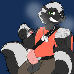 anthro balls black_body bodily_fluids clothed clothing cum cum_on_penis foreskin genital_fluids genitals gesture green_eyes hand_gesture humanoid_genitalia humanoid_penis looking_at_viewer male penis pointing pointing_at_penis smile solo white_body miau team_fortress_2 valve valve_corporation scout_(team_fortress_2) mammal mephitid skunk 1:1 alpha_channel hi_res