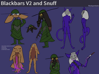 ambiguous_gender anthro armor blood bodily_fluids colored_fire duo fire flamethrower gas_mask green_fire holding_object holding_weapon kneeling knife mask ranged_weapon self-harm standing text weapon rockpankake black_bars_(rockpankake) snuff_(rockpankake) deer felid feline mammal 2026 4:3 digital_media_(artwork) english_text hi_res model_sheet nonbinary_(lore)