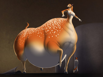 anthro belly big_belly breasts clothing duo female fur grey_clothing huge_belly macro male nipples orange_body orange_fur overweight meanybeany canid canine deer deer_taur fox mammal mammal_taur taur 2021