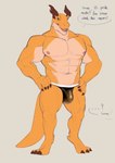 anthro clothing dialogue male muscular muscular_male nipples orange_body orange_scales scales solo tail text underwear lacsap_tong grove_(game) mythology rinnal_(regalbuster) dragon mythological_creature mythological_scalie scalie english_text