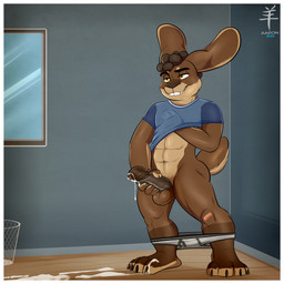 abs anthro athletic athletic_anthro athletic_male bodily_fluids border brown_body brown_fur brown_hair buckteeth claws clothed clothing crotch_tuft cum cum_drip cum_on_ground cum_string cumshot dripping ejaculation erection foreskin fur genital_fluids genitals glans green_eyes hair hand_on_penis inside male masturbation muscular muscular_anthro muscular_male partially_clothed penis retracted_foreskin smile solo standing teeth toony tuft underwear underwear_down white_border aaron_(artist) lee_(hellkara) lagomorph leporid mammal rabbit 1:1 hi_res