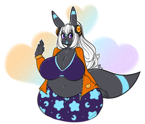 alternative_fashion anthro big_breasts big_butt black_body black_nose blue_bottomwear blue_clothing blue_nipples blue_pants bottomwear bra breasts butt clothing crescent_moon curvy_figure cyberpop electronics female hair headphones heart_headphones huge_breasts j-fashion jacket long_tail looking_at_viewer moon moon_pattern multicolored_bottomwear multicolored_clothing navel nipples orange_clothing orange_headphones orange_jacket orange_topwear pants pattern_bottomwear pattern_clothing pattern_pants pockets pokemorph purple_bottomwear purple_bra purple_clothing purple_eyes purple_pants purple_underwear simple_background slightly_chubby smile solo star star_pattern tail thick_thighs topwear two_tone_bottomwear two_tone_clothing two_tone_pants underwear voluptuous white_hair wide_hips tehbuttercookie nintendo pokemon canid eeveelution generation_2_pokemon mammal pokemon_(species) shiny_pokemon umbreon hi_res