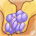 anthro claws feet foot_fetish foot_focus fur glistening glistening_pawpads leg_markings male markings orange_background pawpads purple_claw purple_pawpads purple_toe_claws simple_background socks_(marking) solo toe_claws yellow_body yellow_fur yellow_paws galaxymaw lenny_(chef_theia) domestic_cat felid feline felis mammal 1:1 absurd_res hi_res