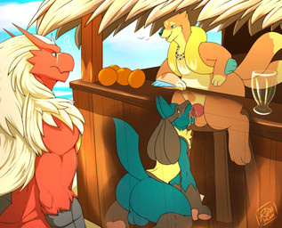 anthro arched_back backsack balls beach behind_the_counter big_butt blue_eyes bodily_fluids butt counter cum cum_in_mouth cum_inside erection feet fellatio fur genital_fluids genitals group humanoid_pointy_ears jewelry kneeling knot looking_up male male/male muscular muscular_male necklace open_mouth oral oral_penetration outside pawpads penetration penile penis penis_in_mouth pointy_ears public question_mark sand seaside sex sex_on_the_beach spikes stealth_sex submissive thick_thighs tongue tongue_out tongue_out_fellatio under_table wide_hips tattoorexy nintendo pokemon colton leis blaziken floatzel generation_3_pokemon generation_4_pokemon lucario pokemon_(species) hi_res