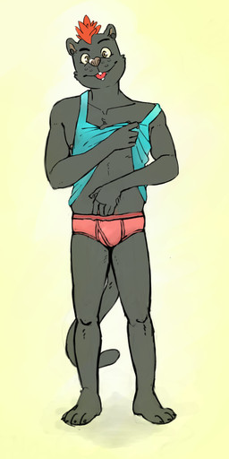 anthro black_body black_fur blue_clothing blue_shirt blue_topwear brown_eyes clothing ear_piercing eyebrows facial_piercing flesh_tunnel fur gauged_ear hair hand_in_underwear labret_piercing lifting lip_piercing looking_at_viewer male mohawk piercing pubes red_clothing red_hair red_underwear shadow shirt simple_background tail tongue tongue_out topwear underwear whisker_spots yellow_background p_rindustries gale_(p_rindustries) felid lagomorph leporid mammal pantherine 2020 hi_res