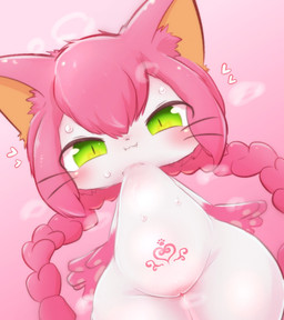 5_fingers anthro big_eyes blush bodily_fluids braided_hair cute_fangs dot_nose fangs featureless_chest female fingers footprint front_view fur genitals gloves_(marking) green_eyes grey_pawpads hair handpaw heart_symbol in_heat inner_ear_fluff iris light long_hair looking_at_viewer markings monotone_hair multicolored_body multicolored_fur musk nude pawpads pawprint pawprint_tattoo paws pigtails pink_background pink_body pink_ears pink_fur pink_hair pink_inner_ear_fluff pink_markings pupils semi-anthro simple_background slit_pupils smile smiling_at_viewer solo standing sweat tan_inner_ear tattoo teeth thick_thighs tuft twin_braids two_tone_body two_tone_fur vulva whiskers white_body white_fur wide_hips womb_tattoo young badwingm cat_busters neko_hakase domestic_cat felid feline felis mammal 2021 colored digital_drawing_(artwork) digital_media_(artwork) hi_res lighting portrait three-quarter_portrait