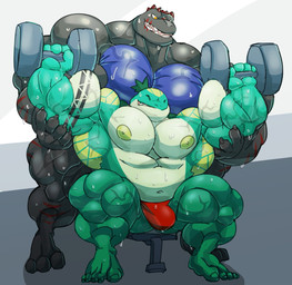 anthro barazoku biceps big_muscles black_body black_scales bodily_fluids bulge clothing dumbbell duo exercise gradient_background green_body green_scales grey_background hair huge_muscles hyper hyper_muscles male male/male muscular muscular_anthro muscular_male nipples obliques pecs ponytail quads scales simple_background sitting spotting standing sweat tattoo thong underwear weightlifting weights white_background workout terrybear23 kai_(qaz) qaz alligator alligatorid crocodilian dinosaur hybrid prehistoric_species reptile scalie turtle 2021 hi_res