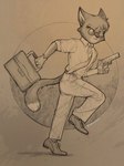 anthro belt bottomwear briefcase circle_background clothed clothed_anthro clothed_male clothing collared_shirt dipstick_tail eyebrows eyewear footwear fully_clothed fully_clothed_anthro fully_clothed_male fur glasses gloves gun handgun handwear head_tuft holding_briefcase holding_gun holding_handgun holding_object holding_pistol holding_ranged_weapon holding_weapon male male_anthro markings necktie pants pistol ranged_weapon shirt shoes solo tail tail_markings topwear tuft weapon wearing_glasses white_eyebrows 666calistaxx_(artist) lackadaisy mordecai_heller domestic_cat felid feline felis mammal tuxedo_cat 2023 3:4 hi_res monochrome sepia signature