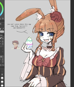 alternate_species anthro art_program_in_frame bangs blue_eyes blunt_bangs bow_tie brown_clothing brown_dress clothing dress easter_egg fangs female furrification grey_background hair holidays orange_hair pink_bow_tie simple_background smug solo teeth text dlanor_973 07th_expansion easter umineko_when_they_cry when_they_cry battler_ushiromiya beatrice_(umineko) lagomorph leporid mammal rabbit english_text hi_res