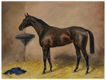 ambiguous_gender black_tail border brown_body brown_fur feral fur hooves photorealism quadruped realistic solo tail white_border carl_franz_bauer public_domain equid equine horse mammal 1947 20th_century absurd_res ancient_art hi_res painting_(artwork) signature traditional_media_(artwork)