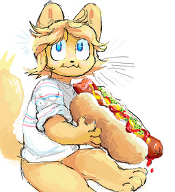 anthro big_eyes blonde_hair blue_eyes chewing chibi clothing eating eating_food eating_hot_dog food hair holding_food holding_hot_dog holding_object hot_dog male male_anthro paws shirt simple_background sitting solo topwear white_background yellow_body worm_(artist) domestic_cat felid feline felis mammal