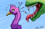 beak bodily_fluids drooling feathered_crest feathers feral green_eyes head_crest imminent_vore male nervous pink_body quadruped saliva tongue tongue_out fleeks gyrotech mythology gyro_feather ych_(character) avian bird galliform gryphon mythological_avian mythological_creature peafowl phasianid hi_res