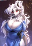 2021 5_fingers aged_up anthro big_breasts breasts canid canid_demon canine clothed clothing curvy_figure demon digital_media_(artwork) ear_piercing exposure_variation female fingers fur grey_body grey_fur hair hand_above_breast hellhound helluva_boss hi_res huge_breasts jewelry long_hair loona_(helluva_boss) mammal mature_anthro mature_female multicolored_body multicolored_fur mythological_canine mythological_creature mythology necklace nipple_outline piercing pupils red_sclera shaded signature slightly_chubby slightly_chubby_female slit_pupils solo standing thick_thighs two_tone_body two_tone_fur viejillox voluptuous white_body white_eyes white_fur white_hair wide_hips