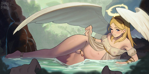 accessory anklet balls blonde_hair breasts clothing cock_ring detailed_background feathered_wings feathers genitals green_background gynomorph hair halo humanoid_genitalia humanoid_penis intersex jewelry long_hair looking_at_viewer lying nipples not_furry on_side one_eye_closed penis penis_accessory penis_jewelry rock simple_background small_penis solo translucent translucent_clothing water wings wink winking_at_viewer sleepy_frippy angel angel_humanoid humanoid hi_res