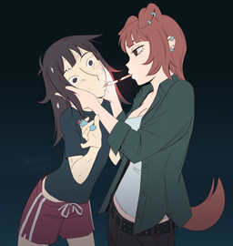 bodily_fluids bottomwear breasts cigarette cigarette_in_mouth cigarette_kiss cleavage clothed clothing duo female female/female female_on_human female_on_humanoid hand_on_cheek holding_face human_and_animal_ears human_on_humanoid interspecies lighter multi_ear nervous object_in_mouth shorts sweat wide_eyed hitsujigoods kara_(hitsujigoods) mitsu_inumoto animal_humanoid canid canid_humanoid canine canine_humanoid dog_humanoid human humanoid mammal mammal_humanoid 2024 absurd_res hi_res