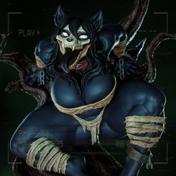 anthro big_breasts black_body black_hair black_tongue bone breasts chain claws cleavage clothed clothing collar female hair in_tree long_hair long_tongue mostly_nude muscular muscular_female open_mouth plant sharp_teeth shock_collar simple_background skull skull_head solo spread_legs spreading teeth thick_thighs toe_claws tongue tree vhs_filter white_eyes wraps_only loudgunfiring scp_foundation scp-1471-a canid malo mammal 1:1 2025 3d_(artwork) 3d_model_showcase digital_media_(artwork) hi_res