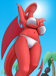 big_breasts bikini breasts cleavage clothed clothing duo female horn huge_breasts not_furry open_mouth red_body red_skin simple_background size_difference swimwear two-piece_swimsuit under_boob wings creatiffy satina_(series) lucia_(satina) demon humanoid mammal digital_media_(artwork) hi_res