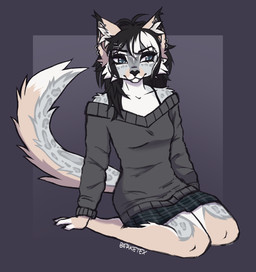 accessory anthro arm_tuft barbell_piercing black_eyeshadow black_hair black_nose blue_bottomwear blue_clothing blue_eyes blue_skirt bottomwear cheek_tuft clothing ear_piercing ear_tuft eyeshadow facial_piercing facial_tuft female fingerless_(marking) fur grey_body grey_clothing grey_fur grey_markings grey_sweater grey_topwear hair hair_accessory hairclip highlights_(coloring) industrial_piercing inner_ear_fluff kneeling leg_tuft leopard_spots lip_piercing makeup markings off_shoulder_shirt pattern_bottomwear pattern_clothing pattern_skirt piercing plaid plaid_bottomwear plaid_clothing plaid_skirt shoulder_tuft simple_background skirt snakebite_piercing solo spots star_(marking) sweater tan_markings topwear tuft white_highlights white_markings berketex domestic_cat felid feline felis mammal full-length_portrait hi_res portrait