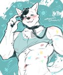 2024 abs absurd_res anthro barazoku biceps big_muscles biped blush blush_lines canid canine canis collar fur green_eyes hi_res ironsheetotter leash leashed_collar looking_at_viewer male mammal muscular muscular_anthro muscular_male navel nipples pecs solo white_body white_fur wolf