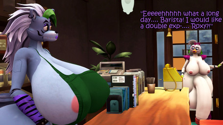 anthro apron areola balls beak big_balls big_breasts big_penis breasts clothing dialogue duo ear_piercing ear_ring eyebrows eyelashes female female_anthro fingers genitals green_apron green_clothing green_hair grey_hair gynomorph gynomorph_anthro hair huge_balls huge_breasts huge_penis humanoid_genitalia humanoid_penis hyper hyper_balls hyper_breasts hyper_genitalia hyper_penis intersex intersex_anthro lipstick machine makeup nipples orange_eyes penis piercing pink_areola pink_lipstick pink_nipples purple_eyes purple_lipstick ring_piercing shoulder_pads text coriponer five_nights_at_freddy's five_nights_at_freddy's:_security_breach scottgames steel_wool_studios glamrock_chica roxanne_wolf animatronic avian bird canid canine canis chicken galliform mammal phasianid robot wolf 16:9 2026 3d_(artwork) 4k absurd_res digital_media_(artwork) english_text hi_res source_filmmaker_(artwork) widescreen