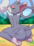 anthro big_butt blue_eyes butt day female kneeling looking_at_viewer outside pokemorph purple_body rear_view solo thick_thighs deathzera nintendo pokemon generation_4_pokemon glameow pokemon_(species) hi_res tagme