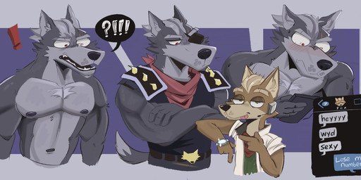 anthro dialogue duo electronics eye_patch eyewear flustered male male/male phone red_eyes shirtless simple_background teasing tongue tongue_out louslewds nintendo star_fox fox_mccloud wolf_o'donnell canid canine canis fox mammal wolf hi_res
