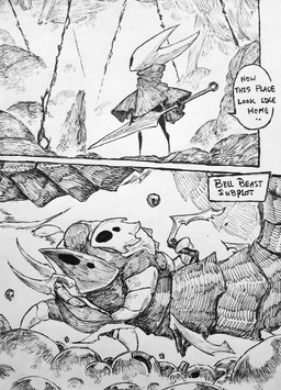 2_horns 2_panel_comic ambiguous_gender anthro biped black_text cloak clothed clothing dialogue ellipsis empty_eyes feral fight group holding_another holding_melee_weapon holding_object holding_weapon horn melee_weapon multi_eye speech_bubble standing talking_to_another text text_box trio weapon starbind_s hollow_knight:_silksong hollow_knight_(franchise) team_cherry bell_beast bell_eater hornet_(hollow_knight) arthropod 2026 absurd_res comic english_text hi_res monochrome female_(lore)